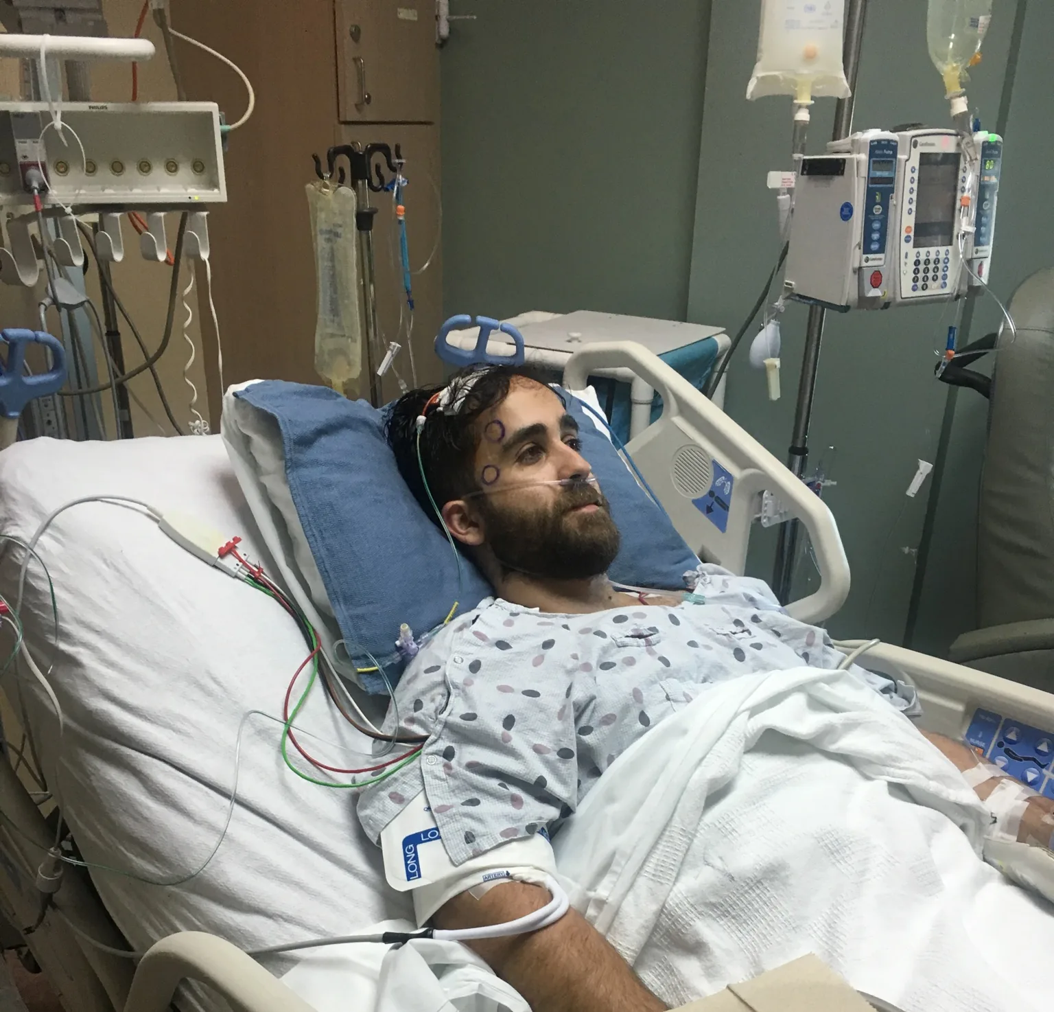 Alex hospitalized during treatment and surgery for a brain tumor.
