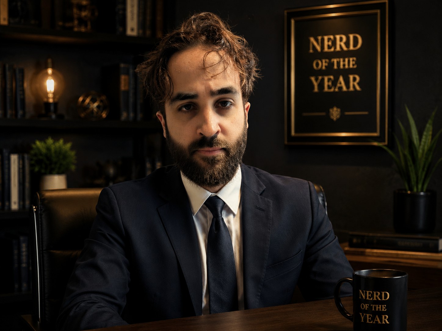 Alex Ricardo Martinez Perez at a desk with a Nerd of the Year plaque