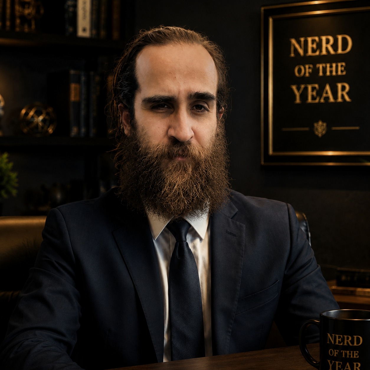 Alex Ricardo Martinez Perez at a desk with a Nerd of the Year plaque